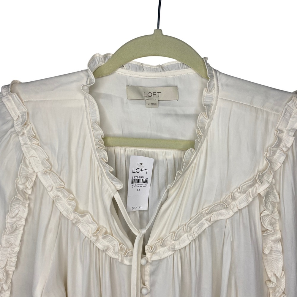 LOFT Cream Ruffle Yoke Tie Neck Button Front Blouse NWT Medium - Picture 4 of 12